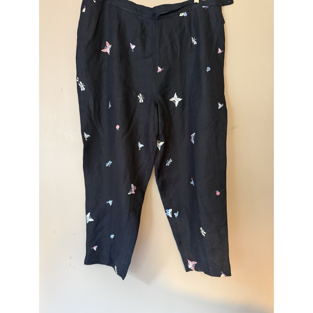 Talbots Side Zip Butterfly Embroidered Irish Linen Pants Lined Sz 18W Black